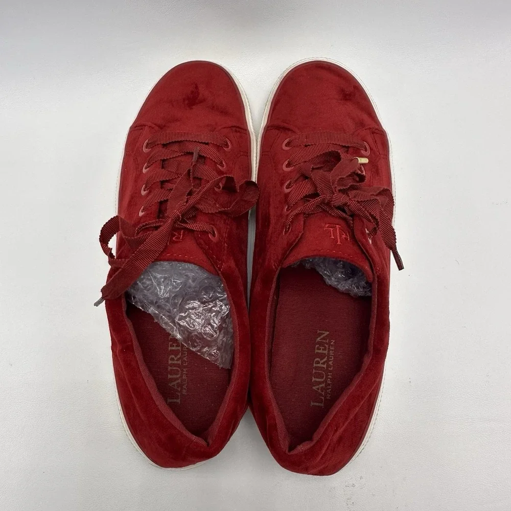 LRL Ralph Lauren JOLIE‎ Red Velvet Sneakers low Top Lace Up Women's Sz 8.5 B